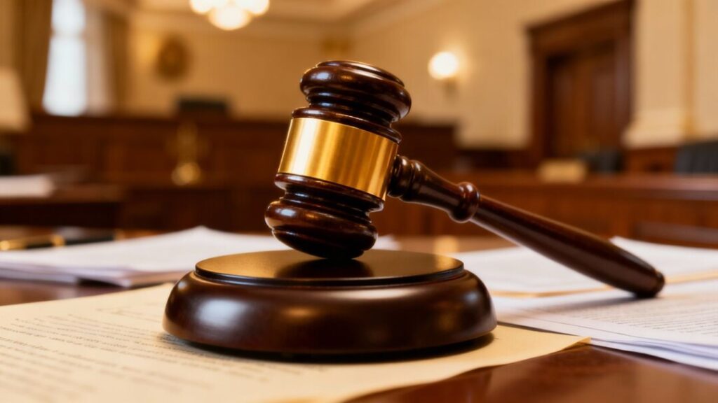 Gavel striking sound block in a courtroom.