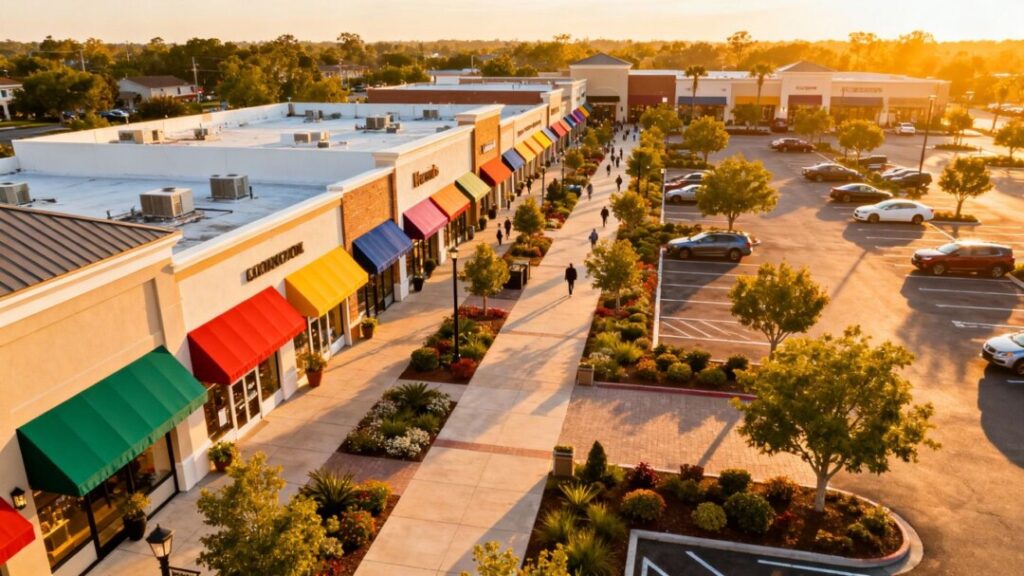 Open-air retail center with storefronts and walkways.