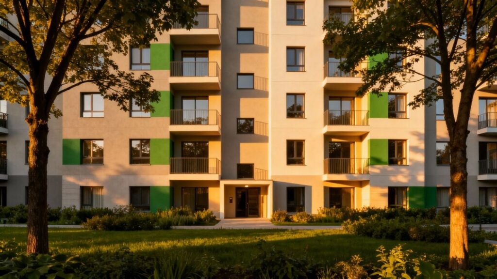 Affordable housing complex in a green setting.