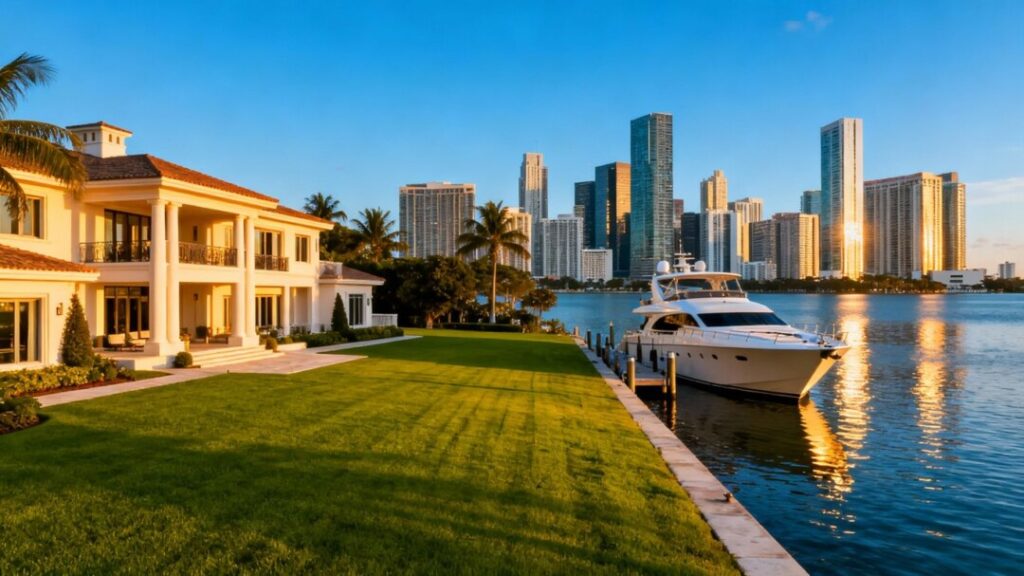 Miami skyline and luxury waterfront mansion