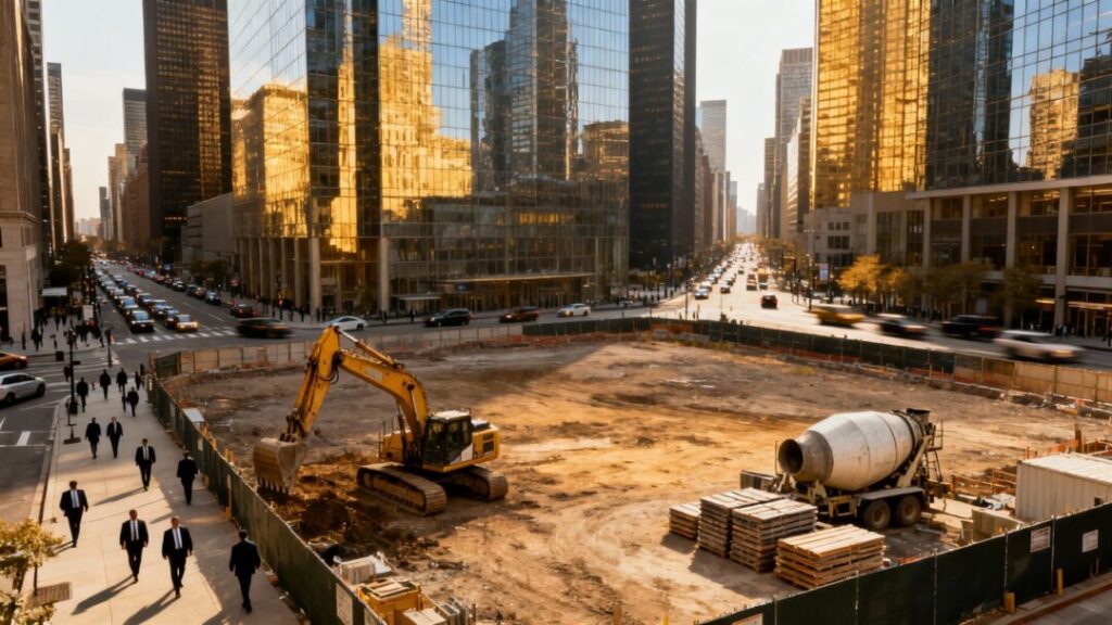 Financial district skyscrapers and a vacant lot for development.