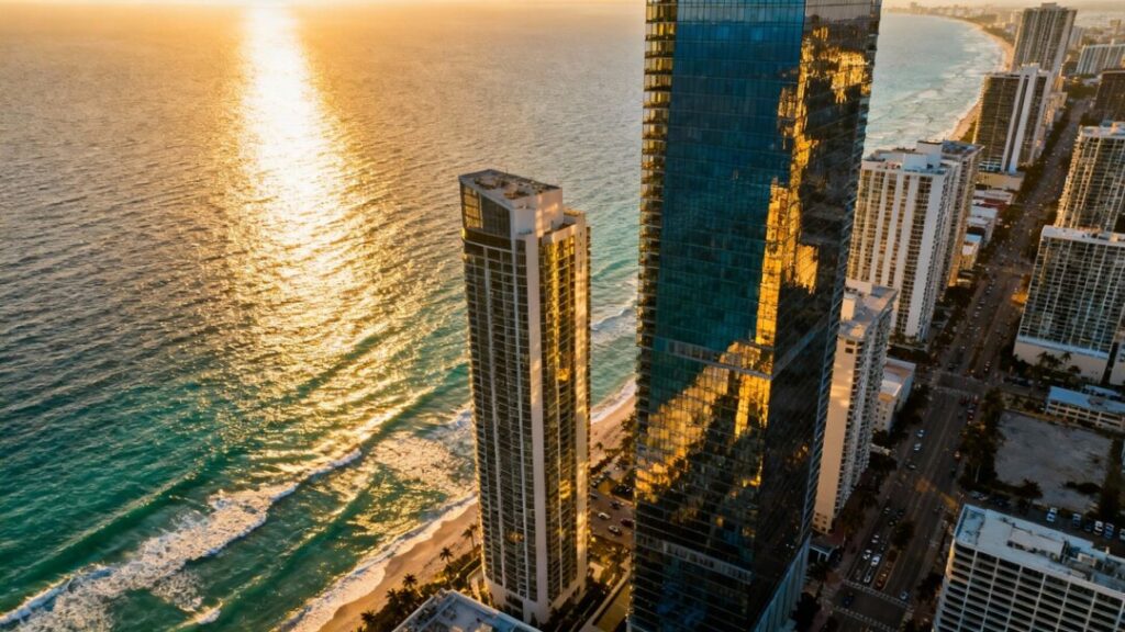 Miami skyline with ocean and modern buildings.