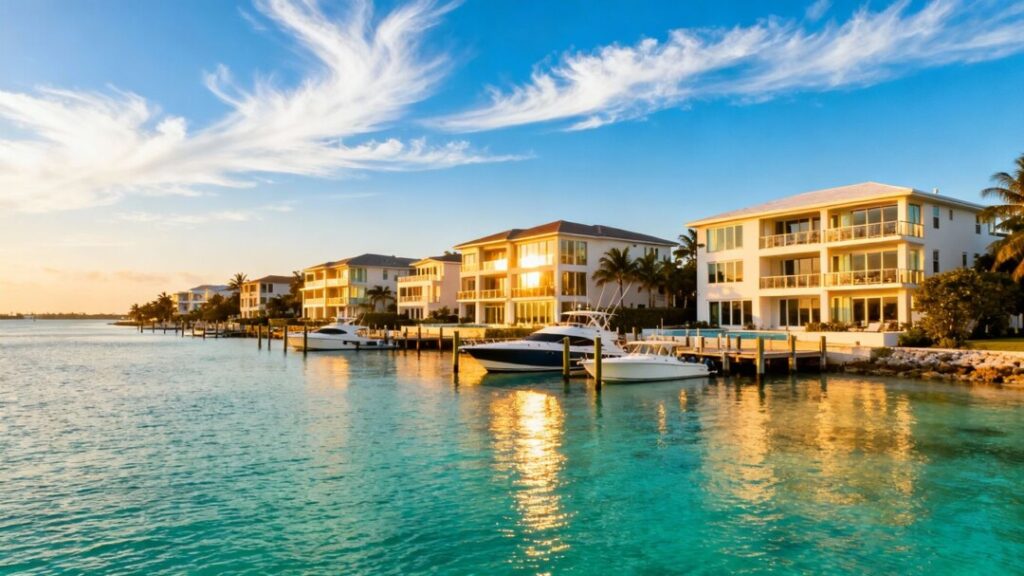 South Florida coastline with luxury homes and boats.