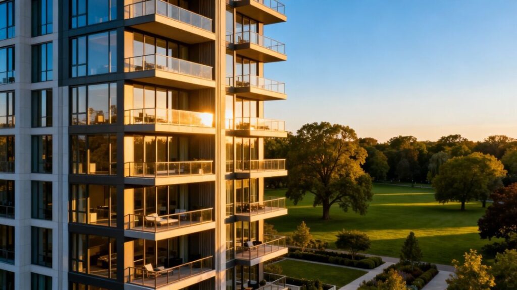 Luxury condo building next to a park