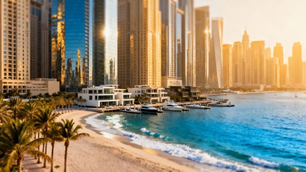 South Florida skyline with luxury buildings and ocean.