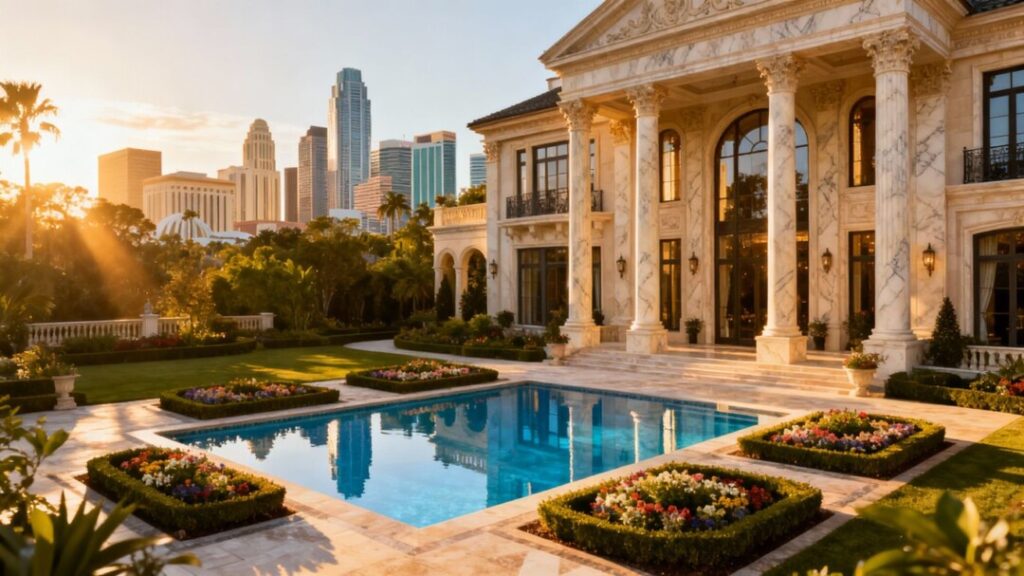 Luxury Orlando mansion with pool and skyline view.