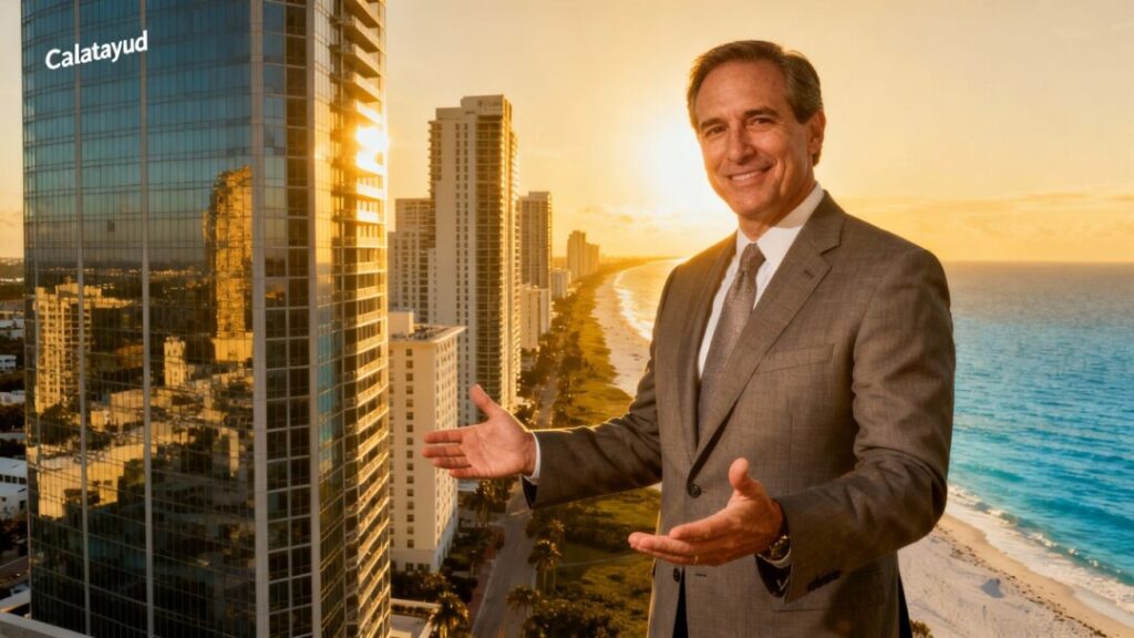 Legislator Calatayud with Florida skyline and coast.