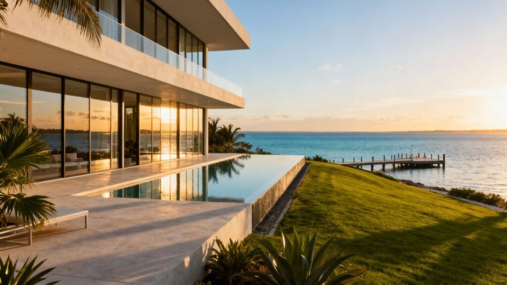 Modern mansion with infinity pool and coastal view.