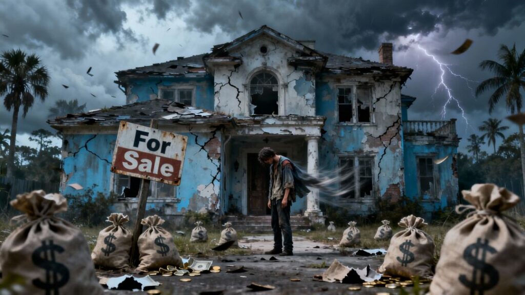 Crumbling Florida mansion, empty money bags, stormy sky.
