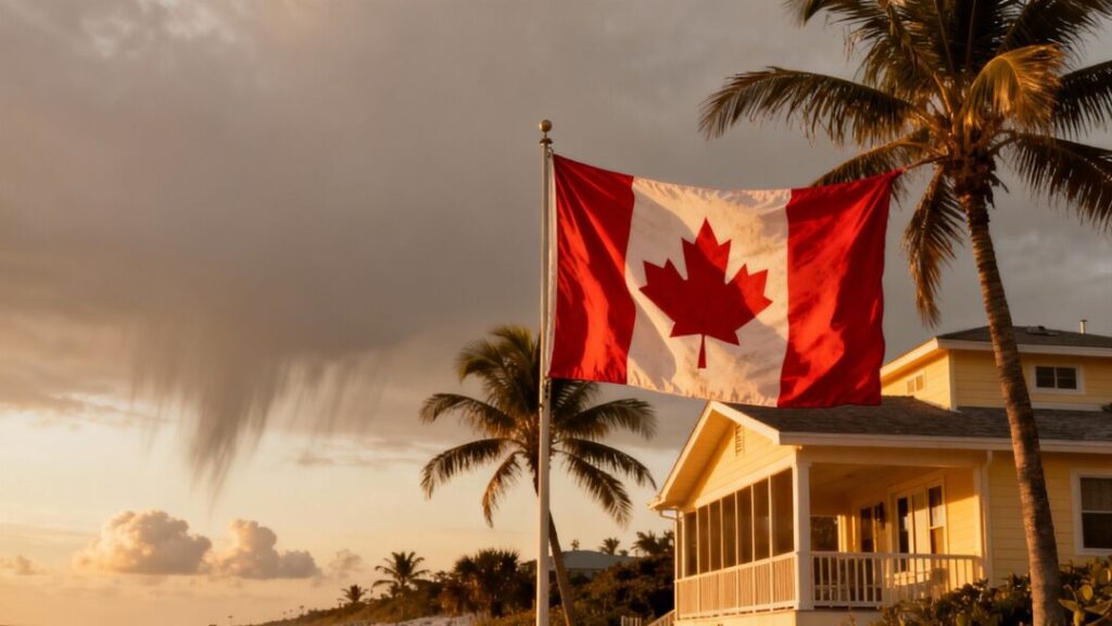Canadian flag on Florida beach house, market downturn implied.
