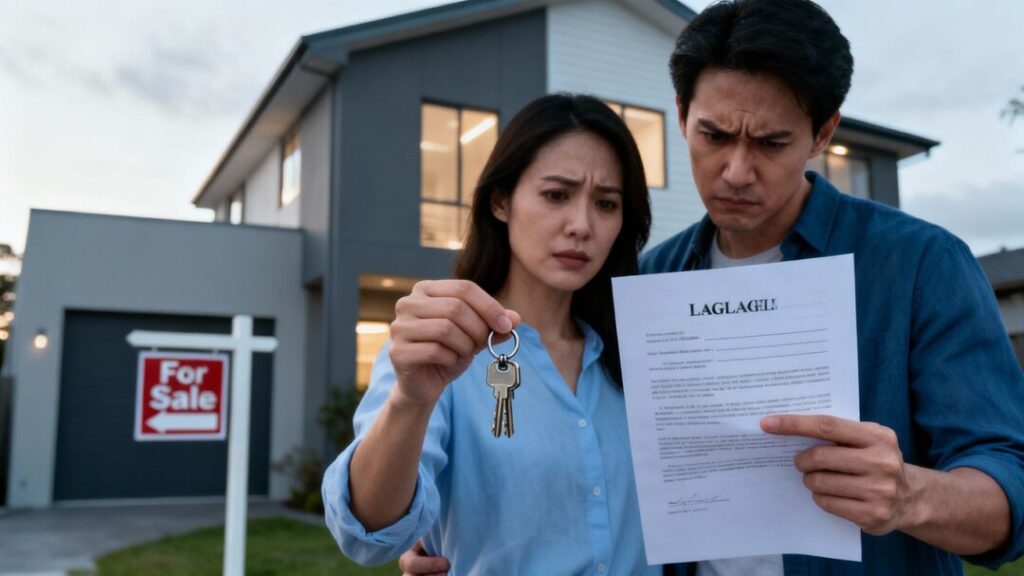 Couple with house keys, one person looks worried.