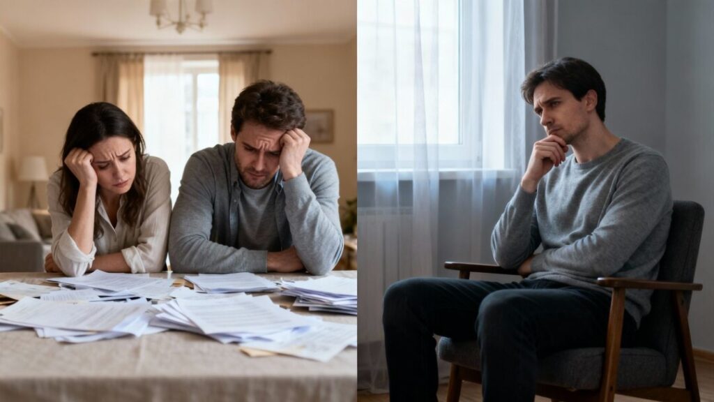 Couple and single person in a home during divorce.