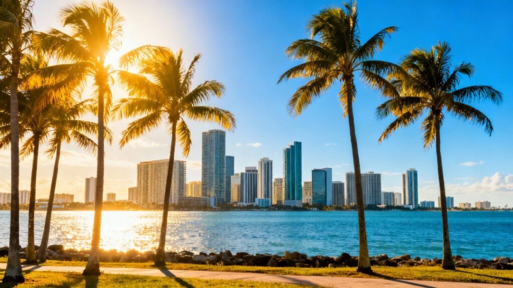 Miami skyline with palm trees and ocean.