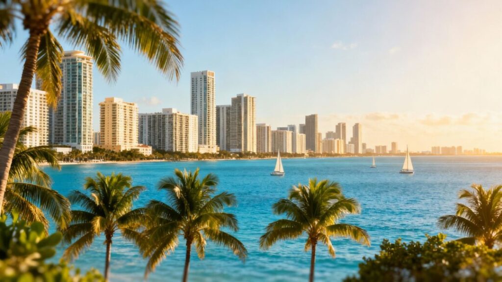 Miami skyline with ocean and palm trees.