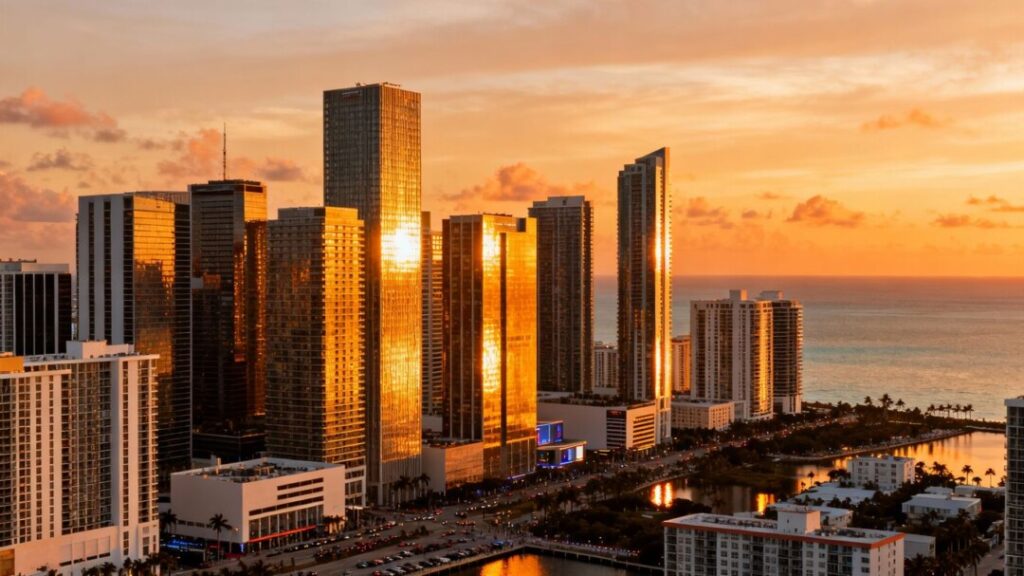 Miami skyline at sunset with commercial buildings.