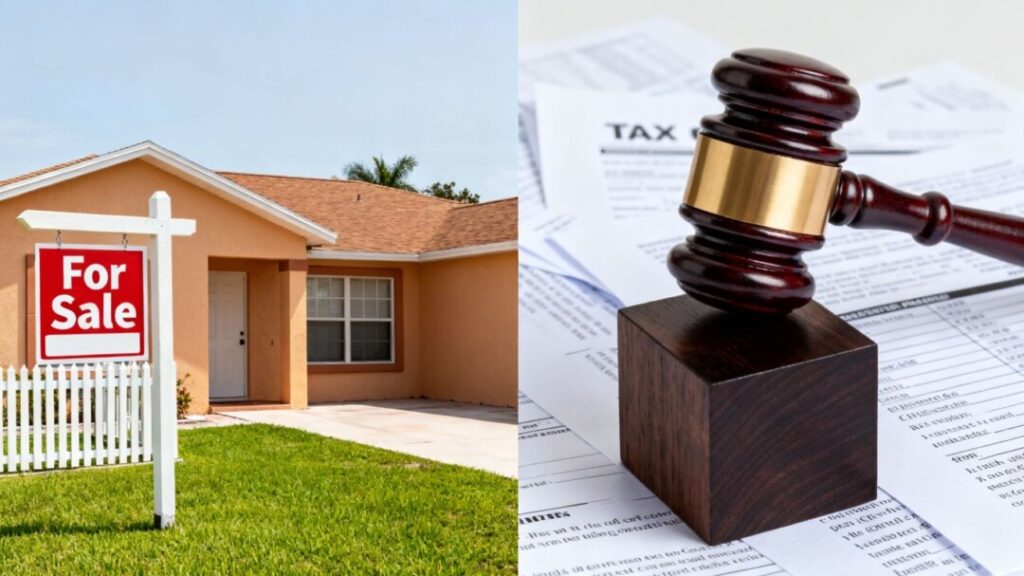 Florida house and a gavel with tax documents.