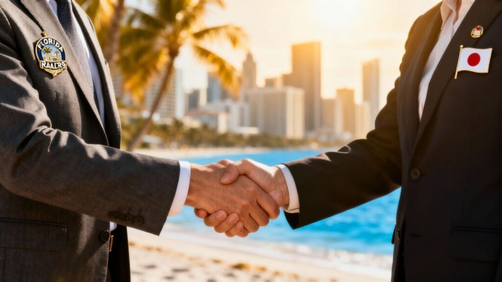 Florida and Japan real estate alliance handshake.