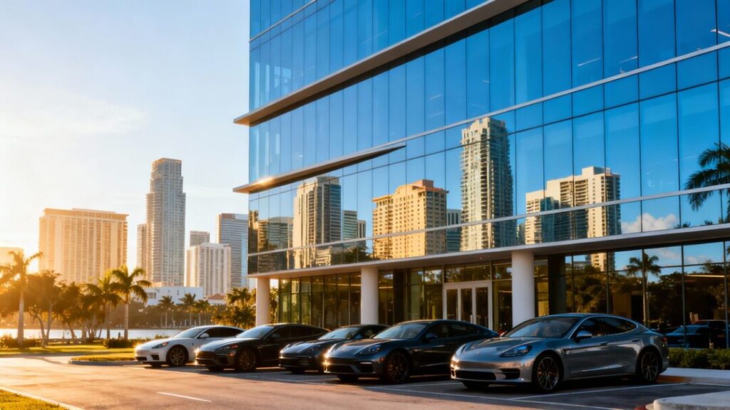 Florida skyline with modern office buildings and cars.
