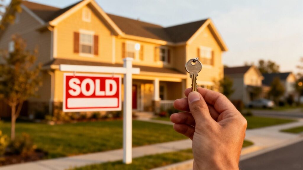 House with sold sign and hand holding key.