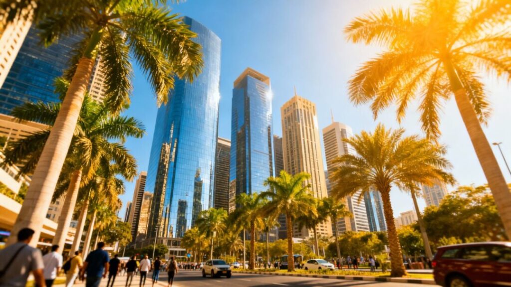 Florida cityscape with skyscrapers and palm trees.