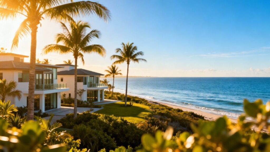 Florida homes with ocean view, palm trees, sunny sky.