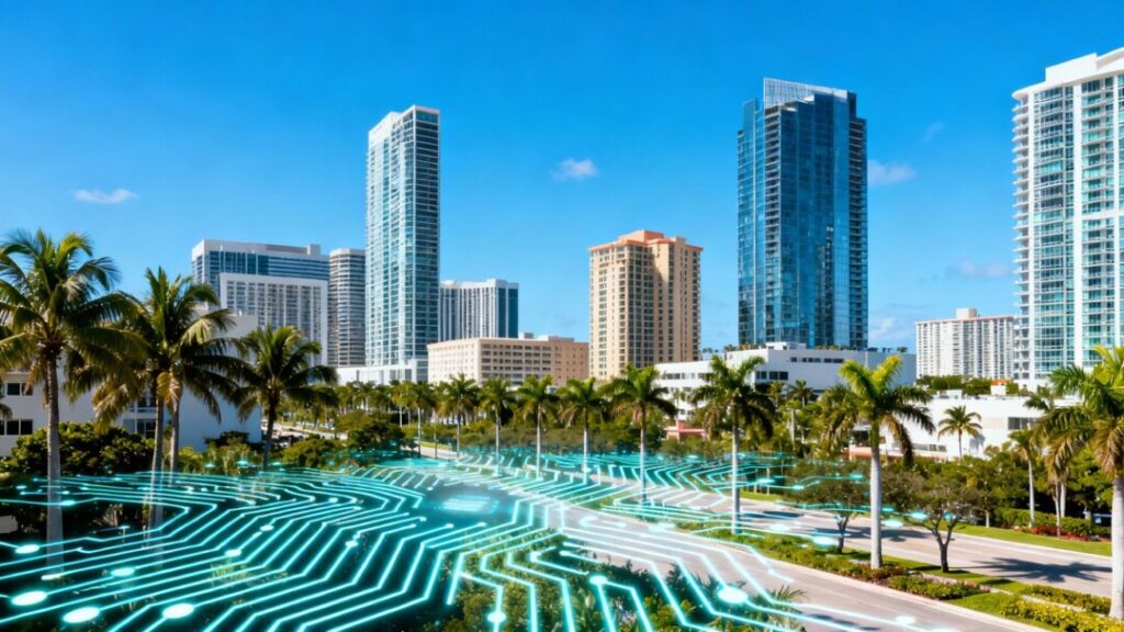 West Palm Beach skyline with integrated circuit board motif.