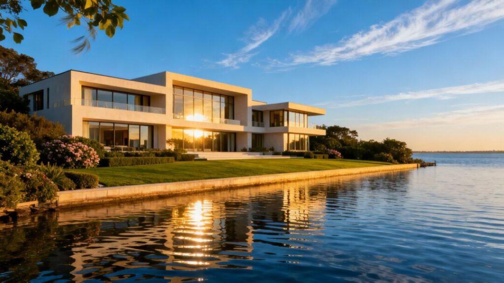 Luxury Florida mansion with waterfront view.