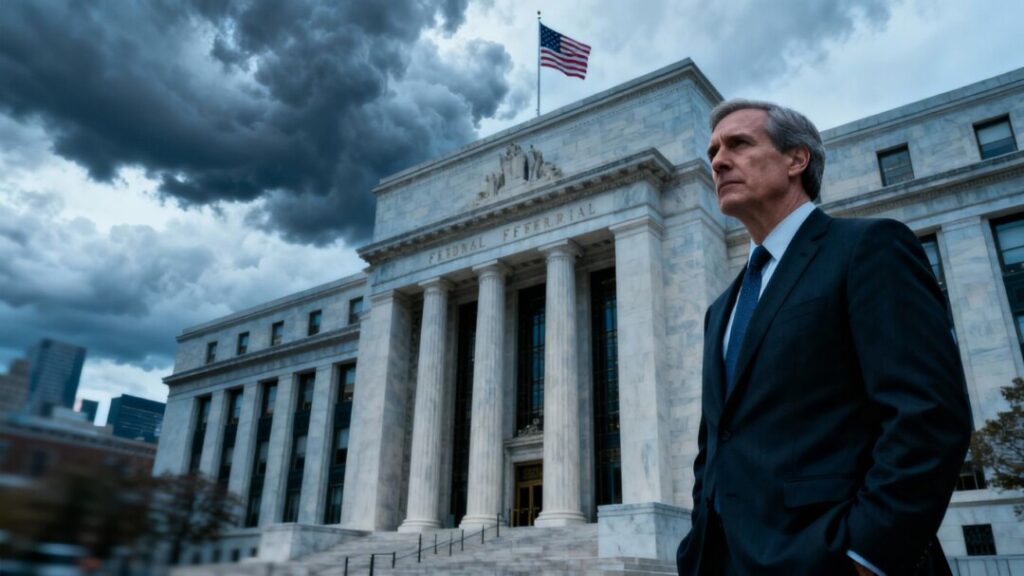 Federal Reserve building with somber official and stormy skies