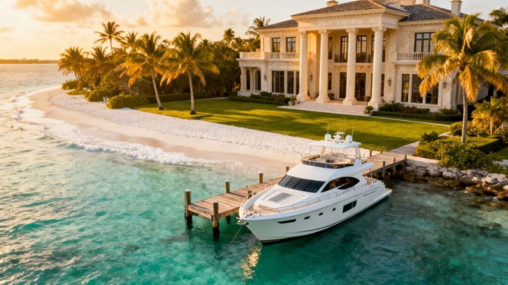 Luxury Florida mansion with ocean view and yacht.