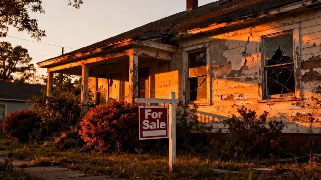 Foreclosed house with a 'For Sale' sign.