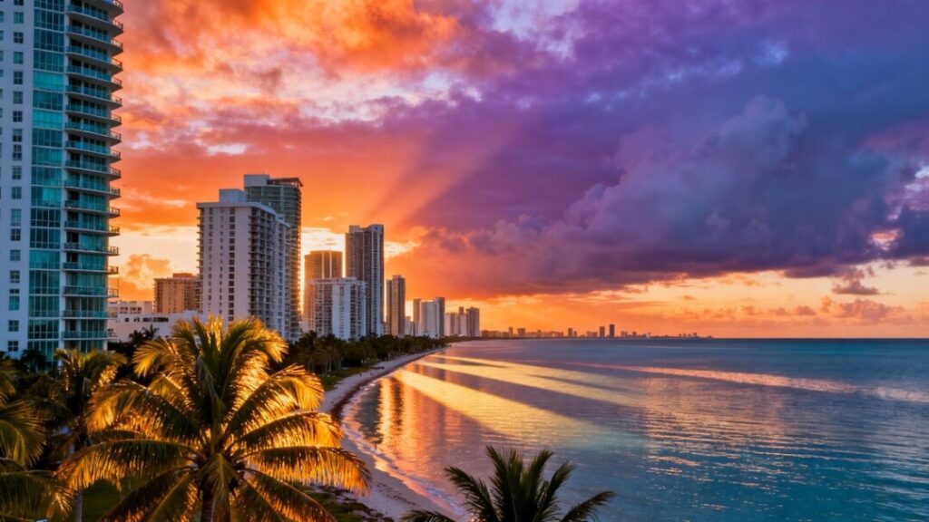 Miami skyline with ocean and palm trees at sunset.
