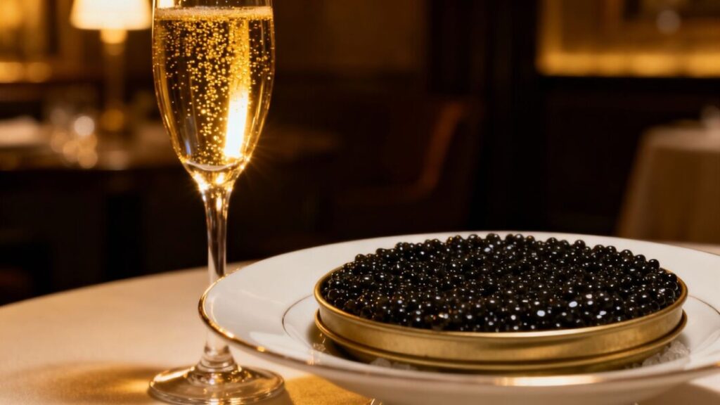 Elegant caviar platter with champagne, fine dining.