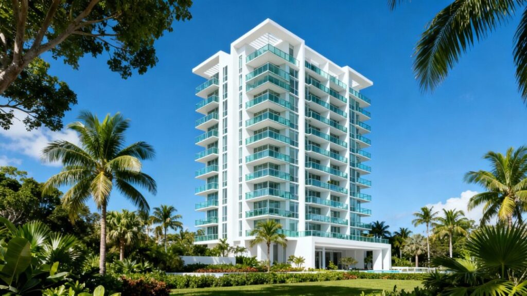 Luxury condo tower in South Florida with palm trees.