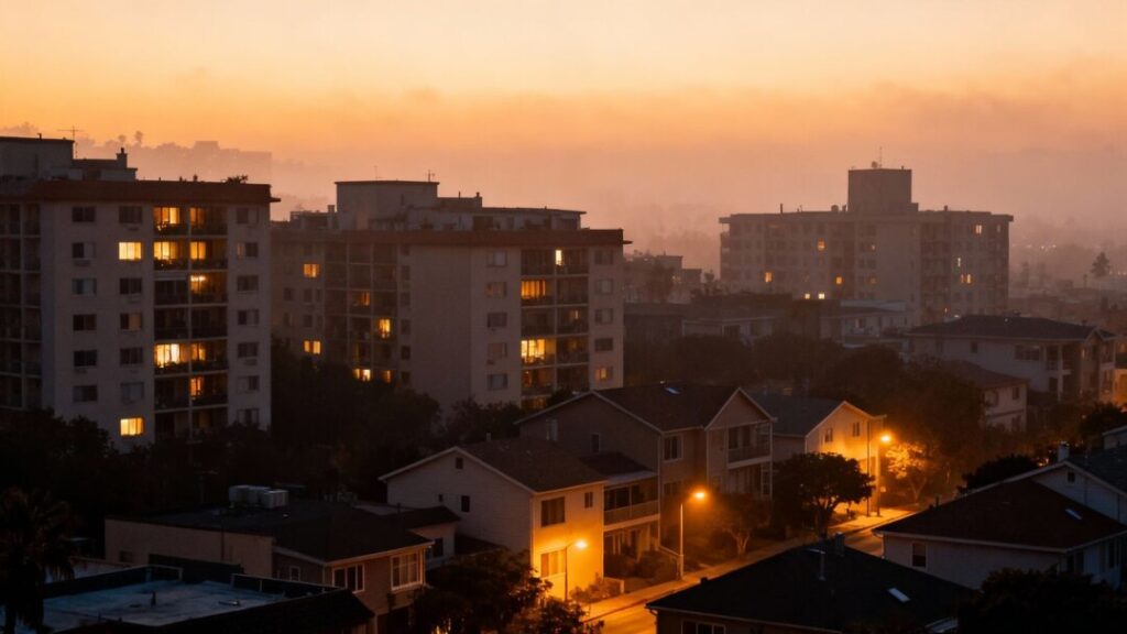 City skyline with illuminated apartment buildings at dusk.