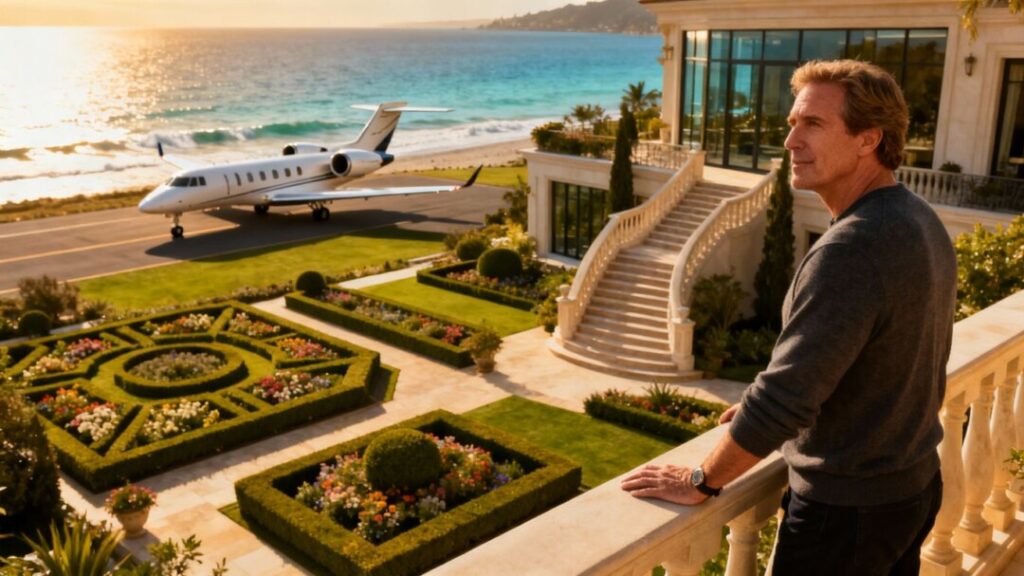 [Larry Ellison] surveys luxurious Florida estate, private jet nearby.