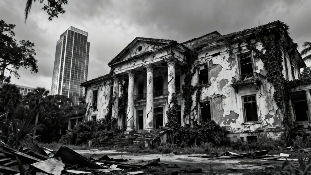 Crumbling Florida mansion with a distant skyscraper under gray skies.