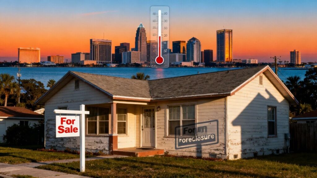 Tampa Bay skyline, cooling market, foreclosure concerns.