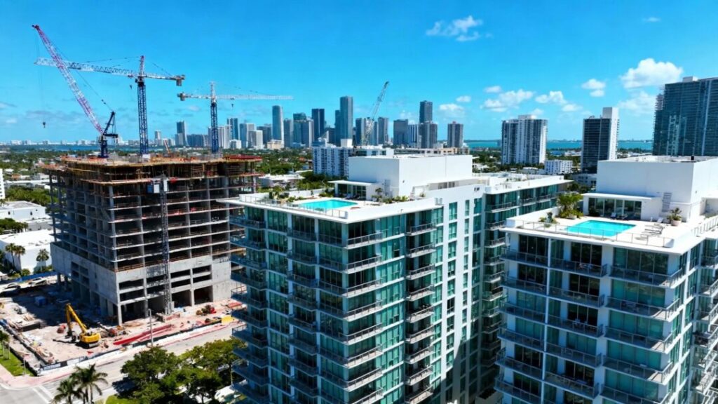 Miami skyline with construction cranes and new residential buildings.