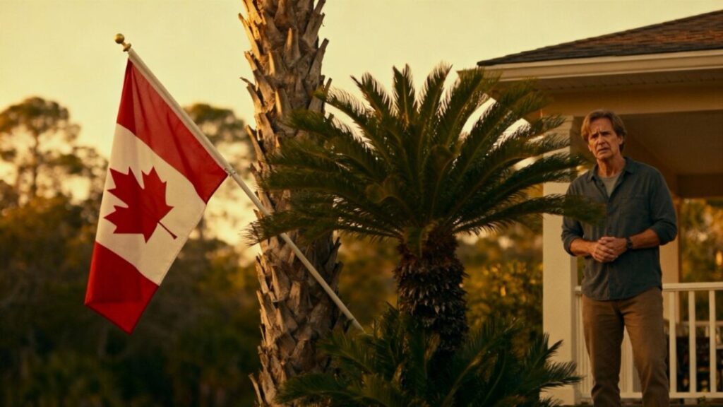 Canadian flag and Florida palm tree with concerned homeowner.