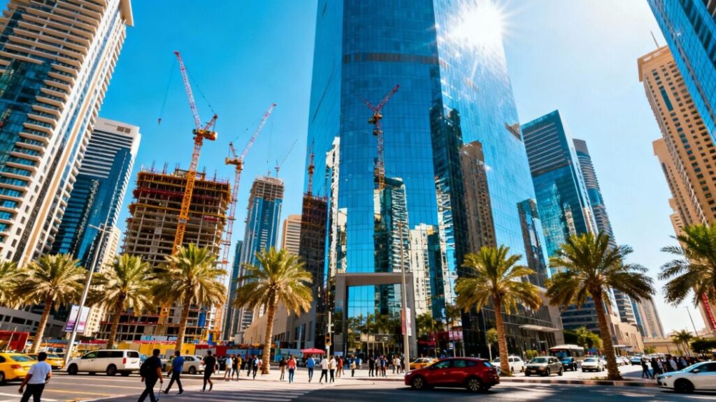 Miami skyline with skyscrapers and construction cranes.