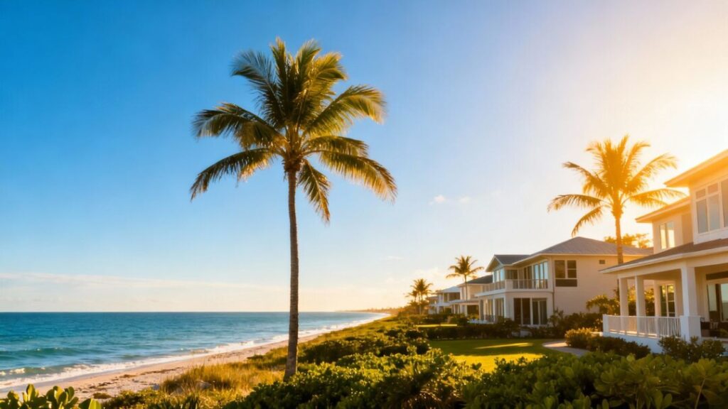Florida coastline with houses and palm trees.