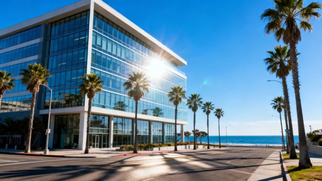 Miami Beach skyline with modern buildings and palm trees.