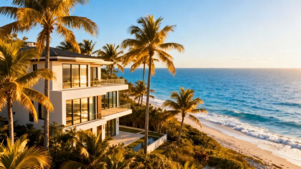Florida homes with ocean view, palm trees, and sunny sky.