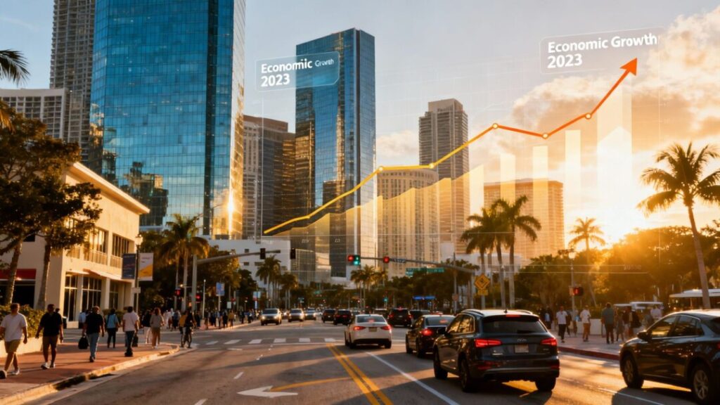 Florida cityscape with financial growth indicators.