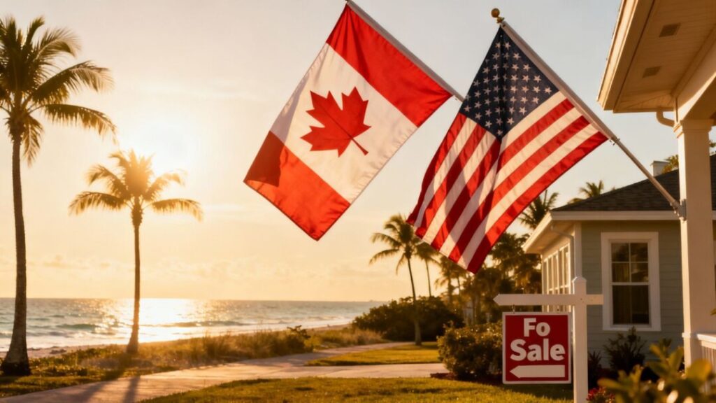 Canadian and US flags with Florida coast and house.