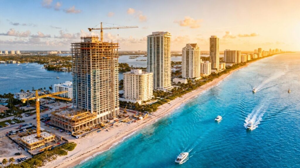 Florida coastline with new construction and boats.