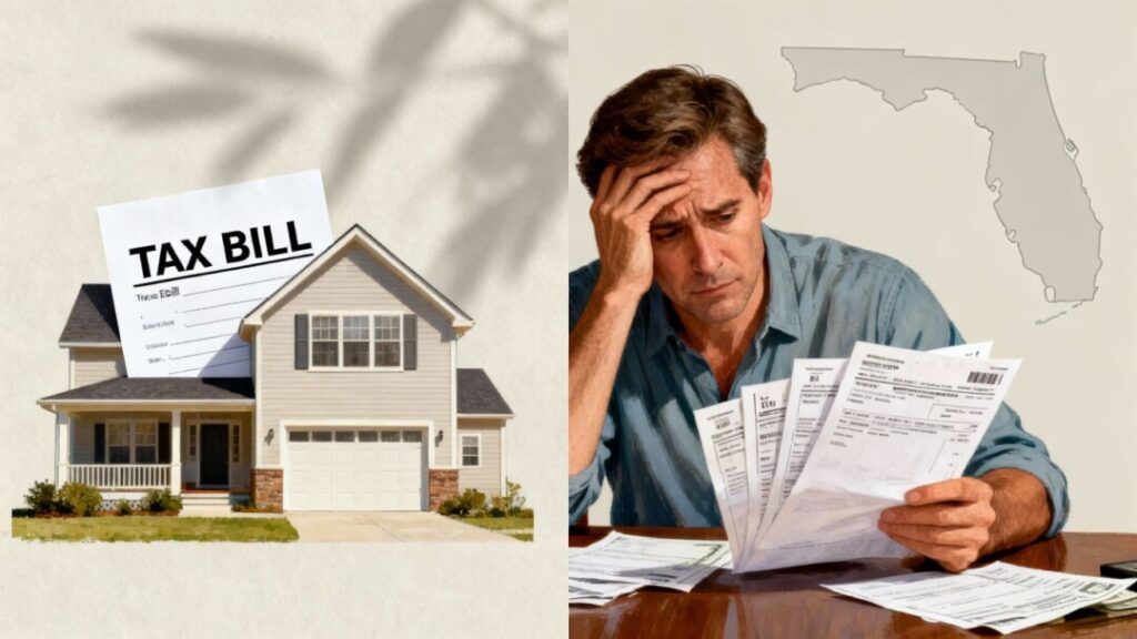 Florida house with tax bill and worried homeowner.
