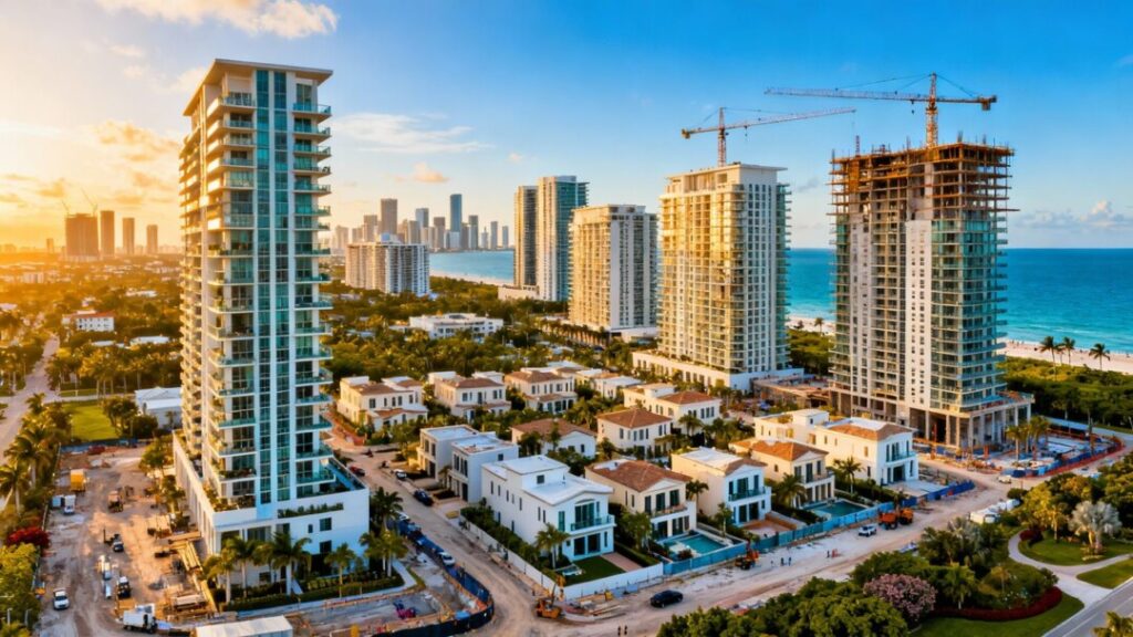 Luxury condos and townhomes under construction in Miami Beach and Aventura.