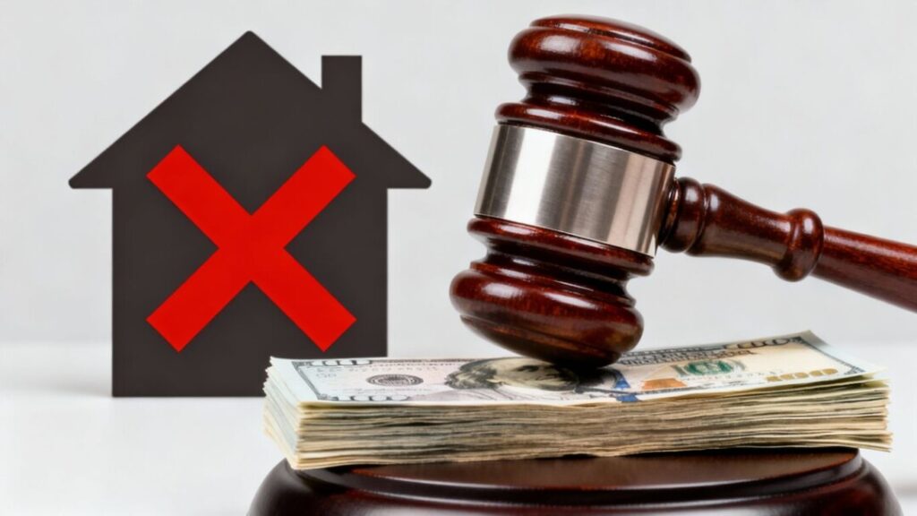 Gavel hitting money, house with X.