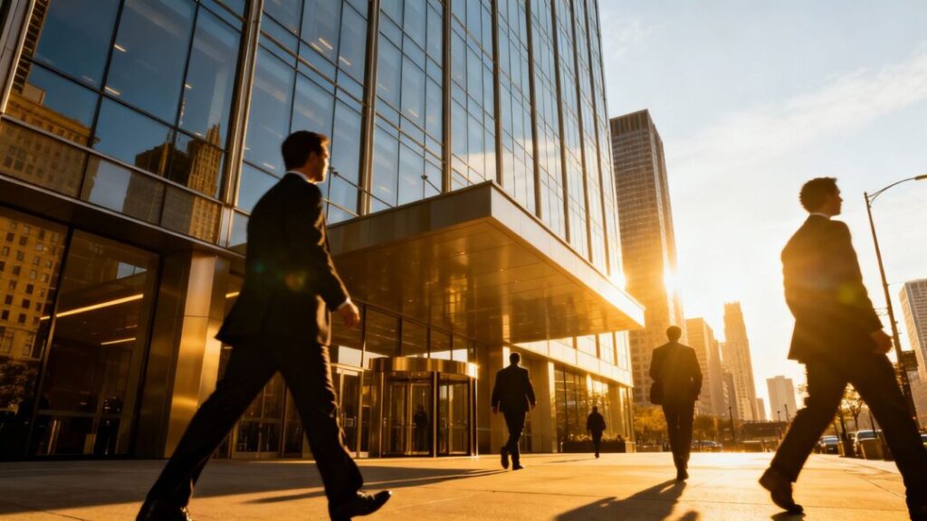Chicago skyline with professionals entering a modern office building.
